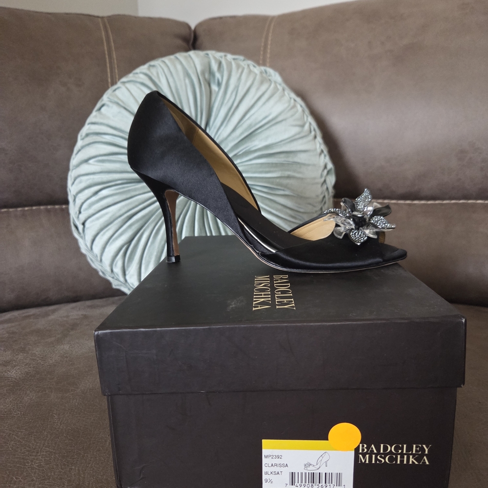 Badgley Mischka Black Heels with Crystal Flower